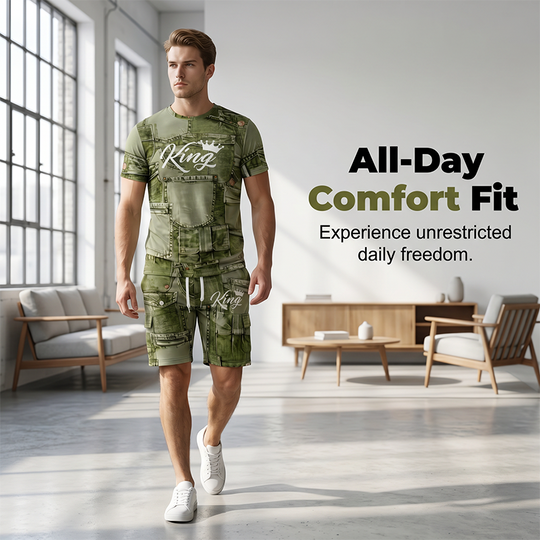 🔥This Week's Special Price😍Mens Casual Faux Denim Print T Shirt Shorts Set