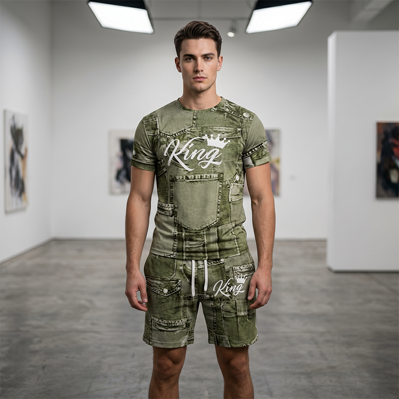 🔥This Week's Special Price😍Mens Casual Faux Denim Print T Shirt Shorts Set