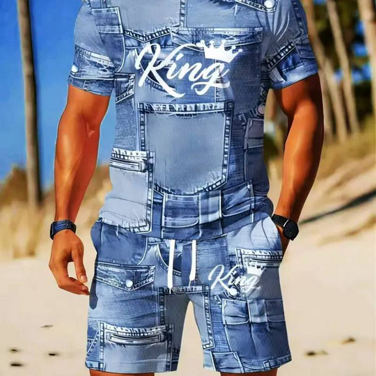 🔥This Week's Special Price😍Mens Casual Faux Denim Print T Shirt Shorts Set