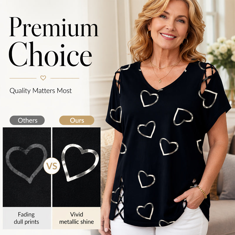 👗 LIMITED-TIME 50% OFF! Women’s Heart Print Cutout Lace-Up Short Sleeve Top, Casual V-Neck Daily Blouse