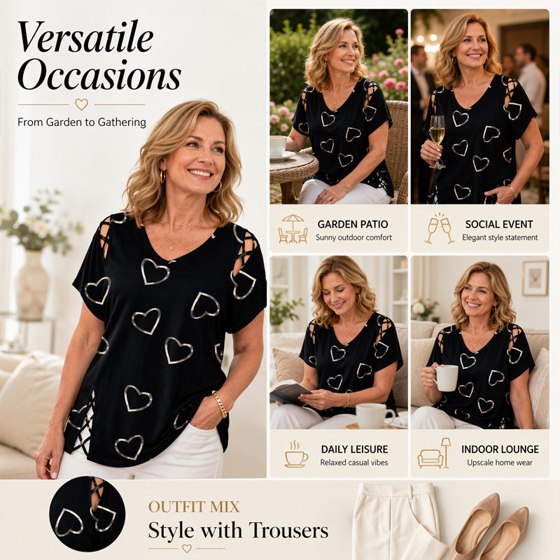 👗 LIMITED-TIME 50% OFF! Women’s Heart Print Cutout Lace-Up Short Sleeve Top, Casual V-Neck Daily Blouse