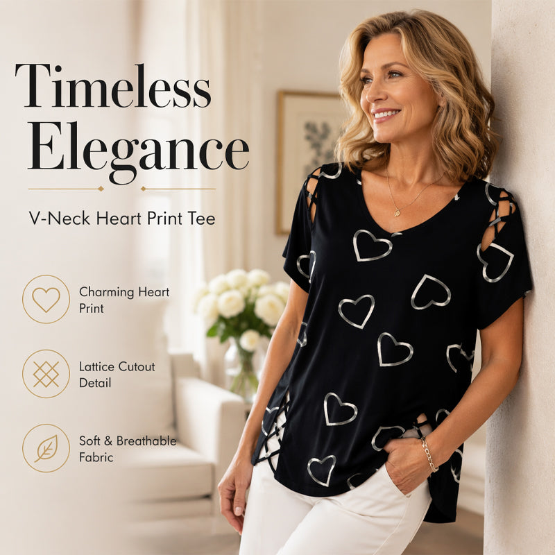 👗 LIMITED-TIME 50% OFF! Women’s Heart Print Cutout Lace-Up Short Sleeve Top, Casual V-Neck Daily Blouse