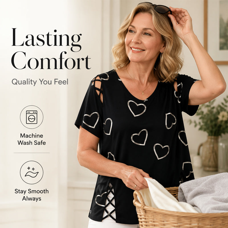👗 LIMITED-TIME 50% OFF! Women’s Heart Print Cutout Lace-Up Short Sleeve Top, Casual V-Neck Daily Blouse