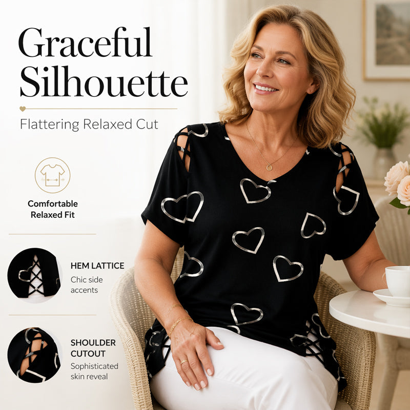 👗 LIMITED-TIME 50% OFF! Women’s Heart Print Cutout Lace-Up Short Sleeve Top, Casual V-Neck Daily Blouse