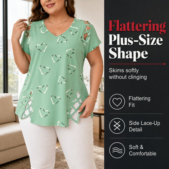 👗 LIMITED-TIME 50% OFF! Women’s Heart Print Cutout Lace-Up Short Sleeve Top, Casual V-Neck Daily Blouse