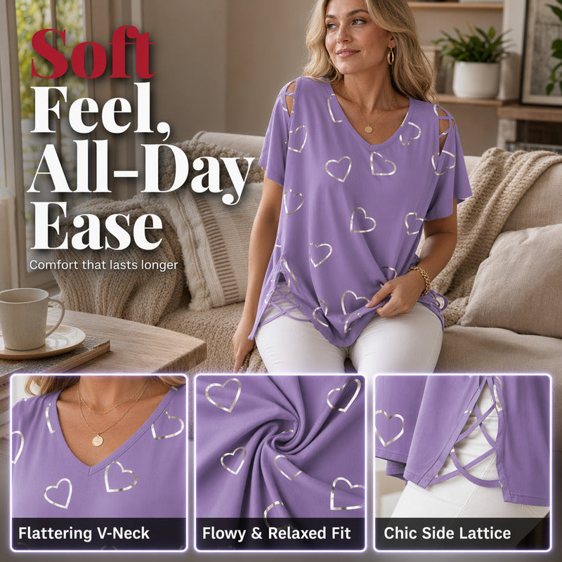 👗 LIMITED-TIME 50% OFF! Women’s Heart Print Cutout Lace-Up Short Sleeve Top, Casual V-Neck Daily Blouse