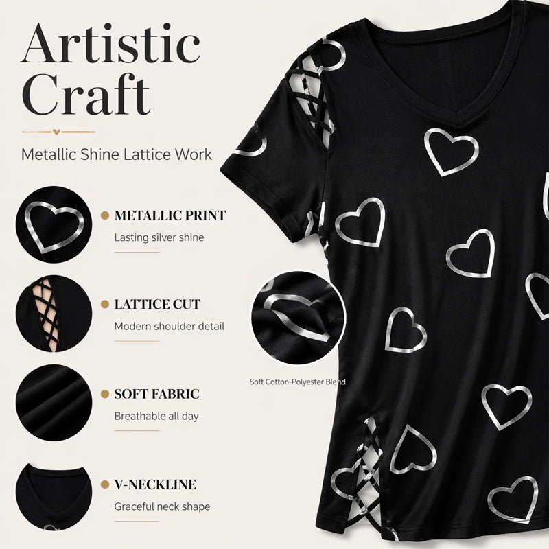 👗 LIMITED-TIME 50% OFF! Women’s Heart Print Cutout Lace-Up Short Sleeve Top, Casual V-Neck Daily Blouse