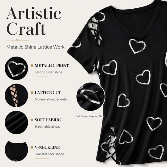 👗 LIMITED-TIME 50% OFF! Women’s Heart Print Cutout Lace-Up Short Sleeve Top, Casual V-Neck Daily Blouse
