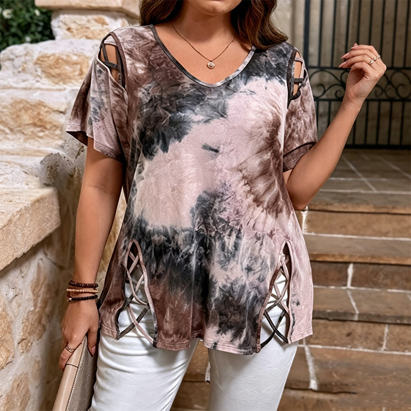 👗 LIMITED-TIME 50% OFF! Women’s Heart Print Cutout Lace-Up Short Sleeve Top, Casual V-Neck Daily Blouse