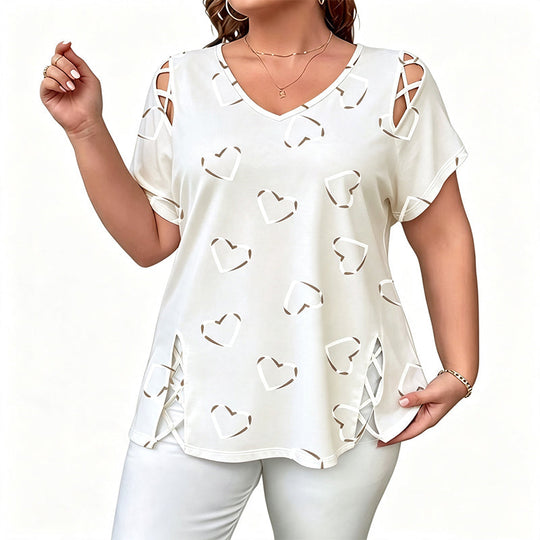 👗 LIMITED-TIME 50% OFF! Women’s Heart Print Cutout Lace-Up Short Sleeve Top, Casual V-Neck Daily Blouse