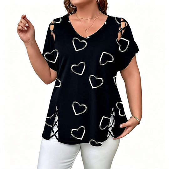 👗 LIMITED-TIME 50% OFF! Women’s Heart Print Cutout Lace-Up Short Sleeve Top, Casual V-Neck Daily Blouse