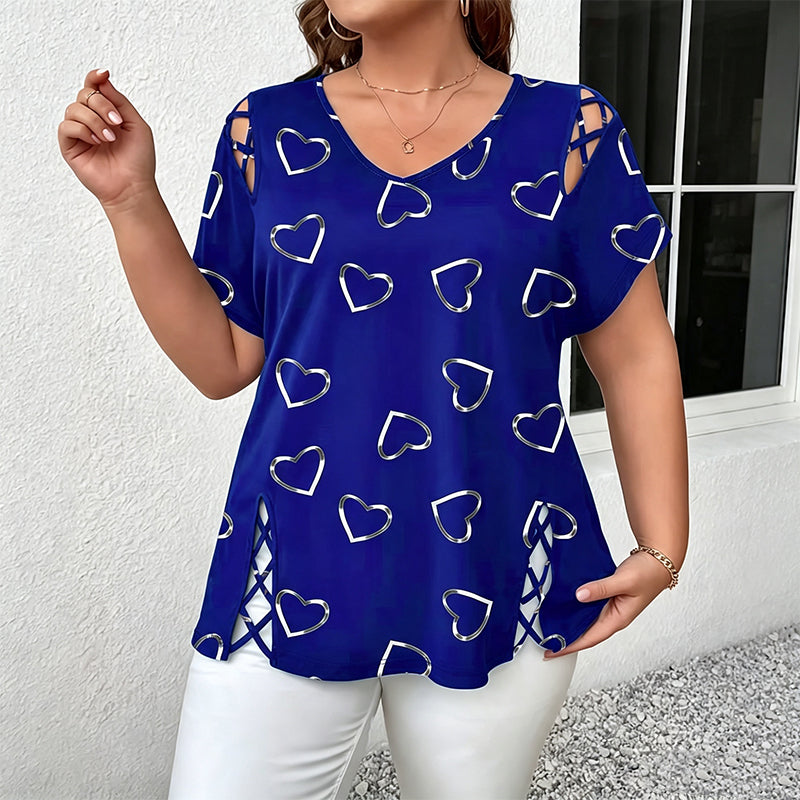 👗 LIMITED-TIME 50% OFF! Women’s Heart Print Cutout Lace-Up Short Sleeve Top, Casual V-Neck Daily Blouse