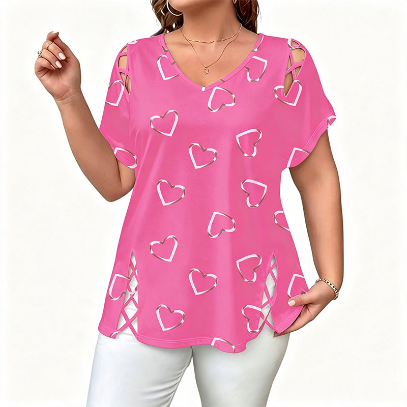 👗 LIMITED-TIME 50% OFF! Women’s Heart Print Cutout Lace-Up Short Sleeve Top, Casual V-Neck Daily Blouse