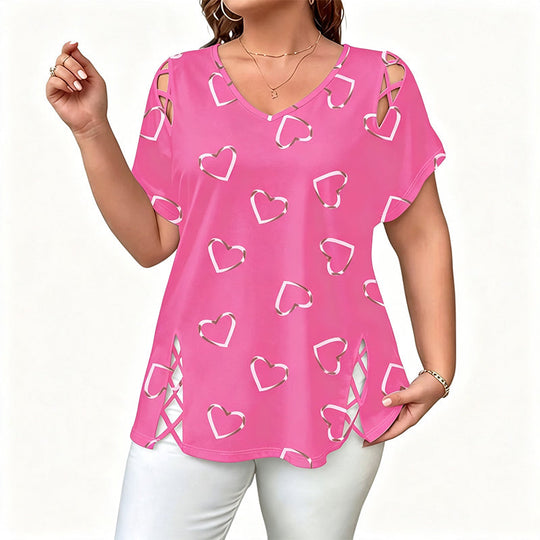 👗 LIMITED-TIME 50% OFF! Women’s Heart Print Cutout Lace-Up Short Sleeve Top, Casual V-Neck Daily Blouse