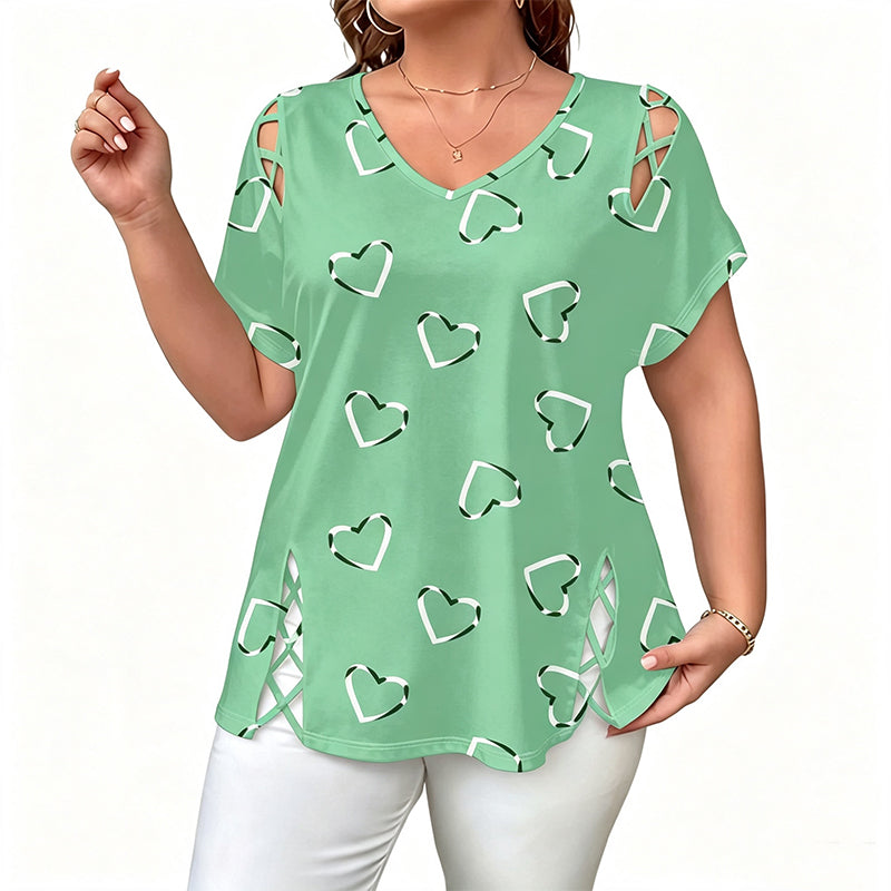 👗 LIMITED-TIME 50% OFF! Women’s Heart Print Cutout Lace-Up Short Sleeve Top, Casual V-Neck Daily Blouse