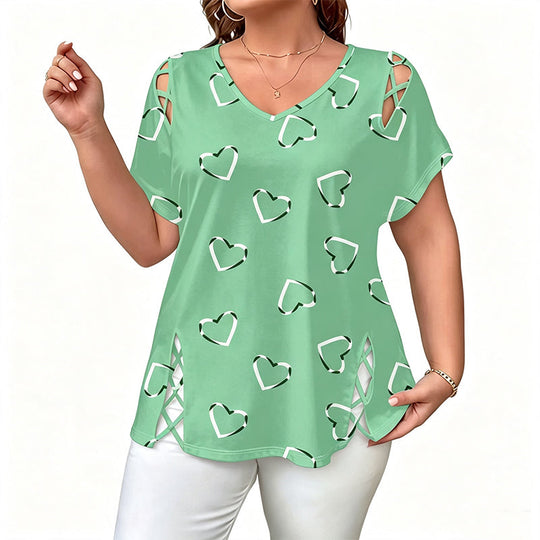 👗 LIMITED-TIME 50% OFF! Women’s Heart Print Cutout Lace-Up Short Sleeve Top, Casual V-Neck Daily Blouse