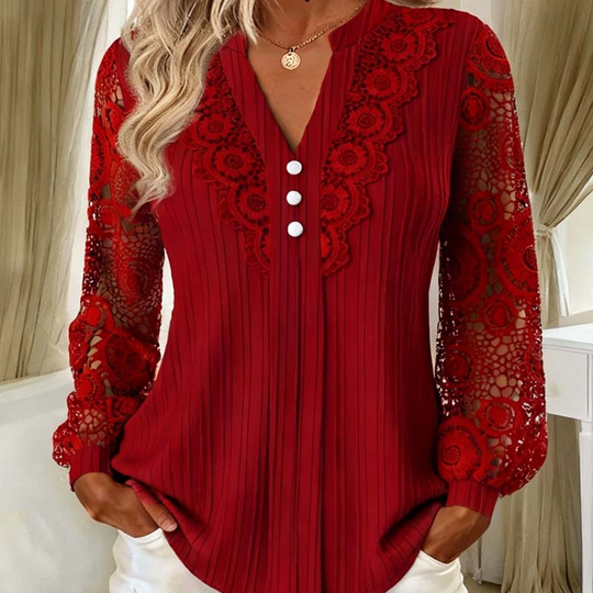✨Women's Lace Patchwork V-Neck Long Sleeve Top – Feminine Elegance With Everyday Comfort 🌸