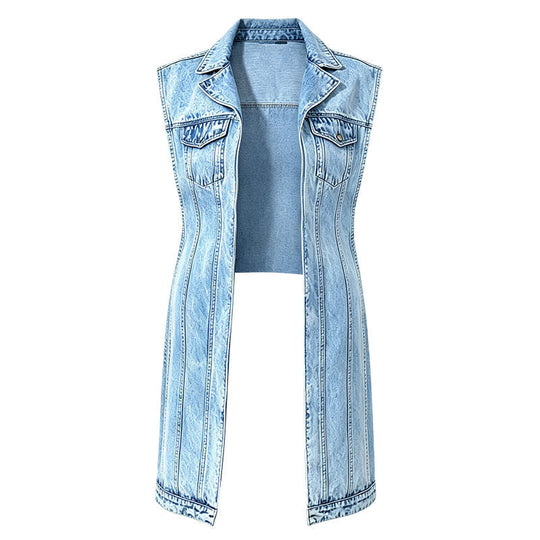 🎉 2026 Sale — Over 24,000 Sold! 💞 Women Sleeveless High Slit Denim Vest Dress Longline Jean Jacket