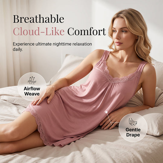 🛏️ Women's Lace V-Neck Nightdress — Soft Modal Chemise with Adjustable Spaghetti Straps