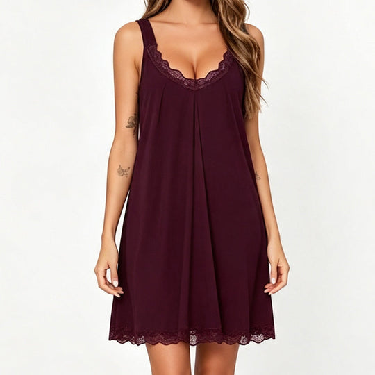 🛏️ Women's Lace V-Neck Nightdress — Soft Modal Chemise with Adjustable Spaghetti Straps