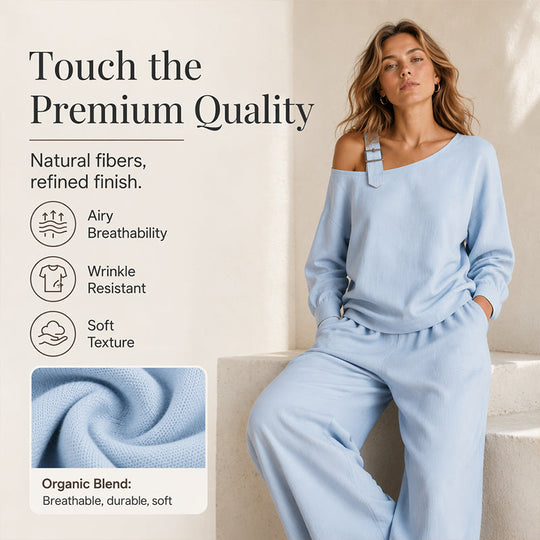 🔥BestSeller🔥Two-piece set with off-the-shoulder top and wide-leg pants—in a soft linen blend for an elegant silhouette