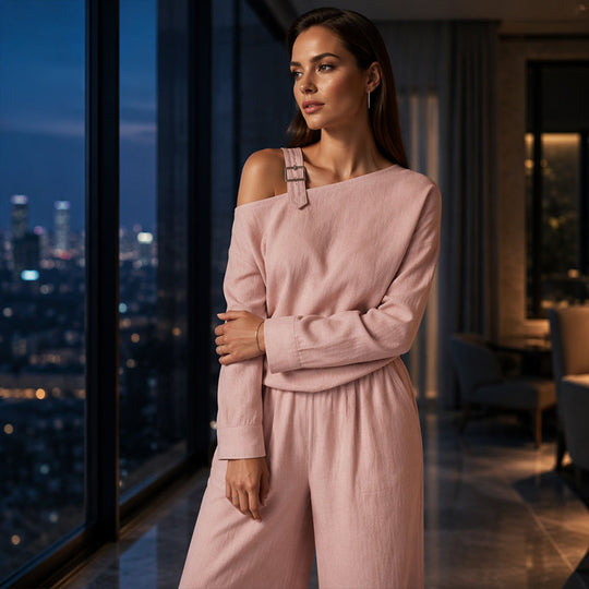 🔥BestSeller🔥Two-piece set with off-the-shoulder top and wide-leg pants—in a soft linen blend for an elegant silhouette
