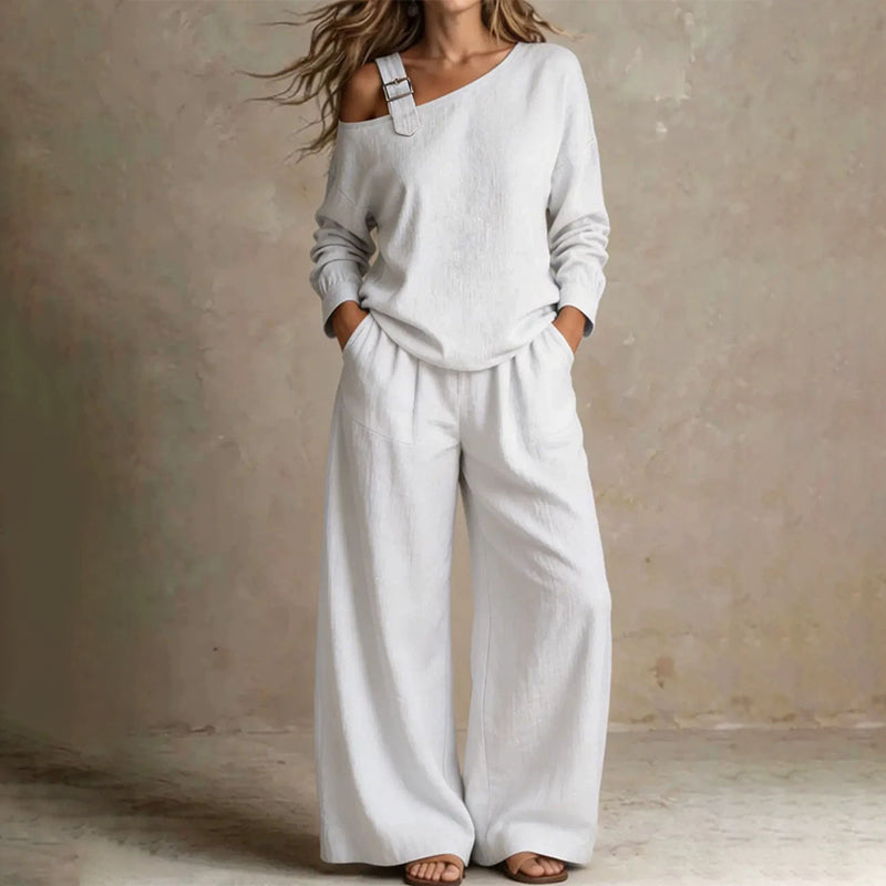 🔥BestSeller🔥Two-piece set with off-the-shoulder top and wide-leg pants—in a soft linen blend for an elegant silhouette