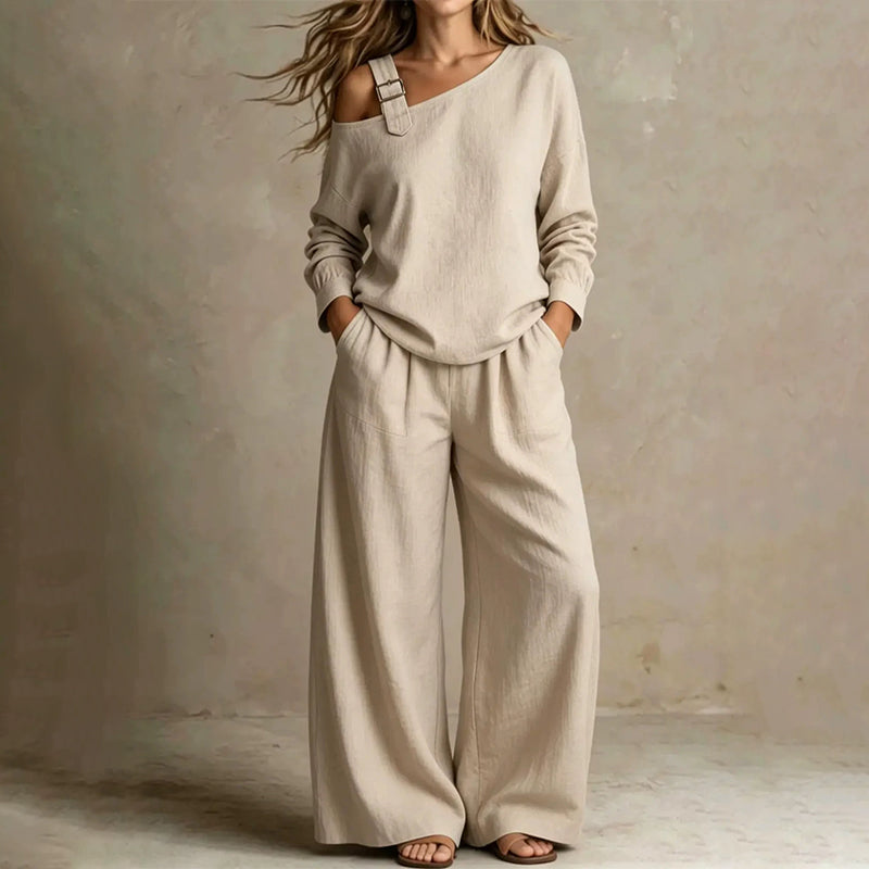 🔥BestSeller🔥Two-piece set with off-the-shoulder top and wide-leg pants—in a soft linen blend for an elegant silhouette