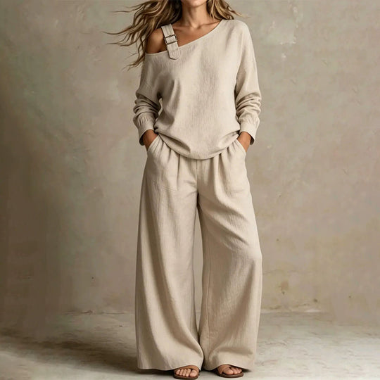 🔥BestSeller🔥Two-piece set with off-the-shoulder top and wide-leg pants—in a soft linen blend for an elegant silhouette