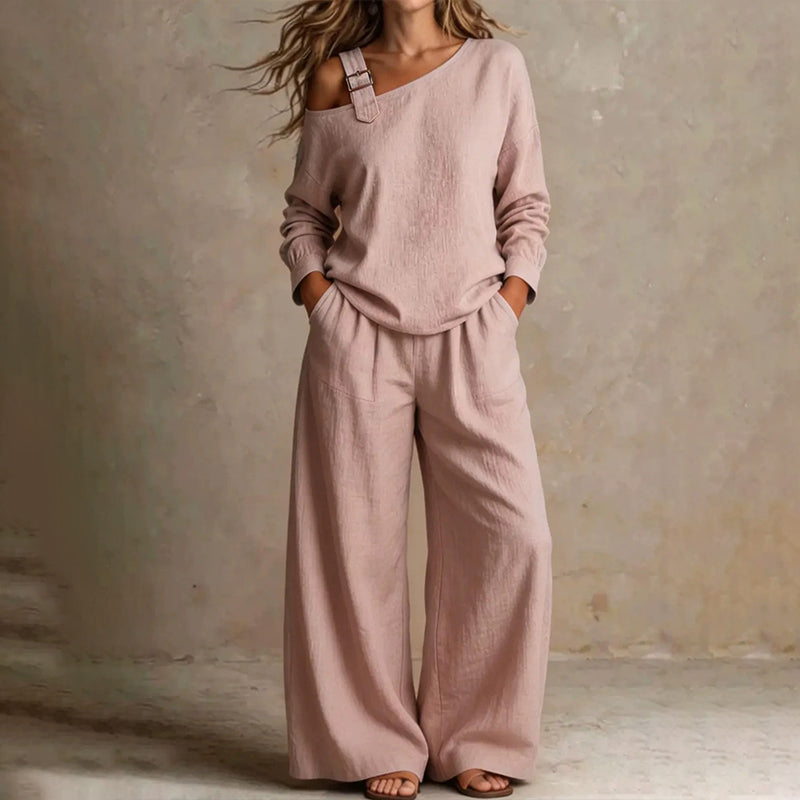 🔥BestSeller🔥Two-piece set with off-the-shoulder top and wide-leg pants—in a soft linen blend for an elegant silhouette