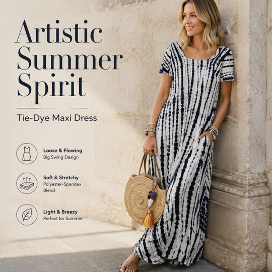 Trending Now⭐💃 Flowy Tie-Dye Midi with Elegant Drape – Versatile Style for Vacations & Urban Strolls