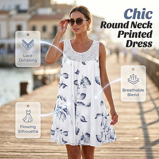 Summer Bestseller🔥👗 Round Neck Printed Sleeveless Dress with Lace Trim – Breathable & Lightweight for Everyday Elegance