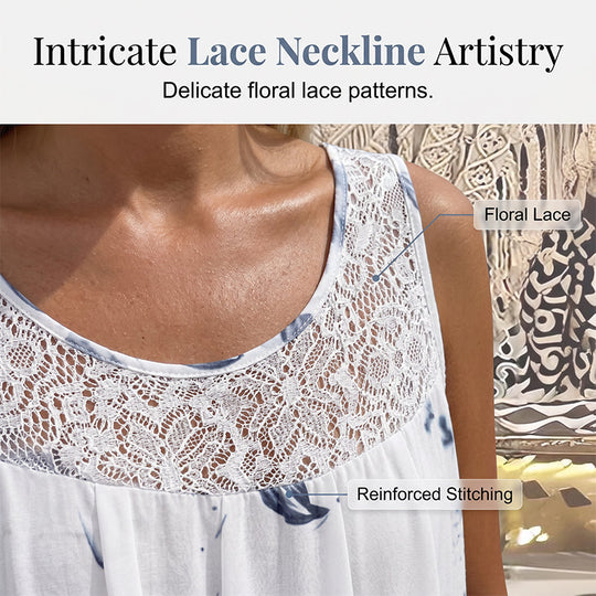 Summer Bestseller🔥👗 Round Neck Printed Sleeveless Dress with Lace Trim – Breathable & Lightweight for Everyday Elegance