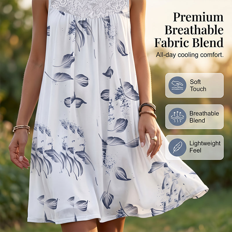 Summer Bestseller🔥👗 Round Neck Printed Sleeveless Dress with Lace Trim – Breathable & Lightweight for Everyday Elegance