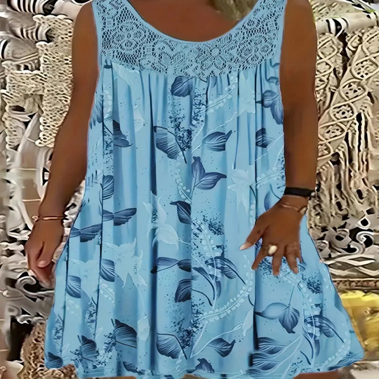 Summer Bestseller🔥👗 Round Neck Printed Sleeveless Dress with Lace Trim – Breathable & Lightweight for Everyday Elegance
