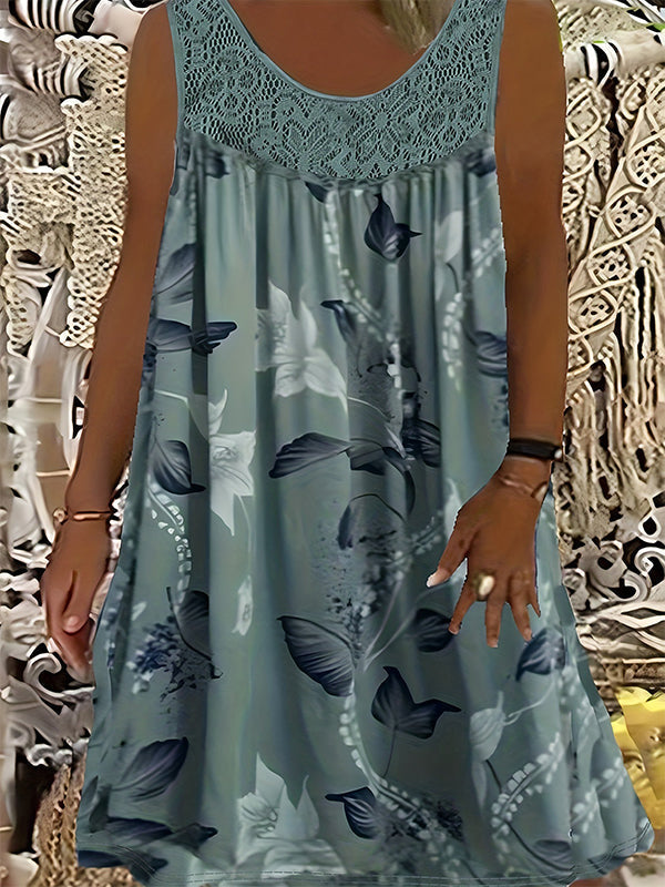 Summer Bestseller🔥👗 Round Neck Printed Sleeveless Dress with Lace Trim – Breathable & Lightweight for Everyday Elegance