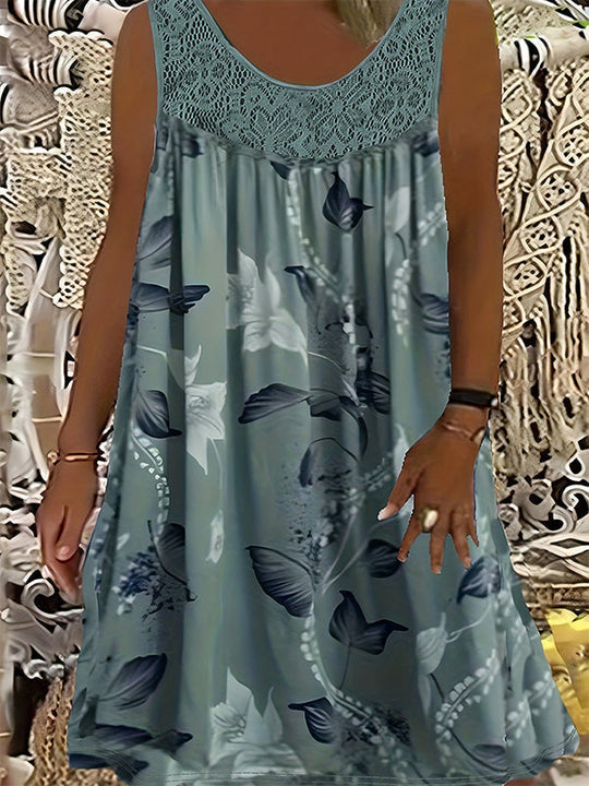 Summer Bestseller🔥👗 Round Neck Printed Sleeveless Dress with Lace Trim – Breathable & Lightweight for Everyday Elegance