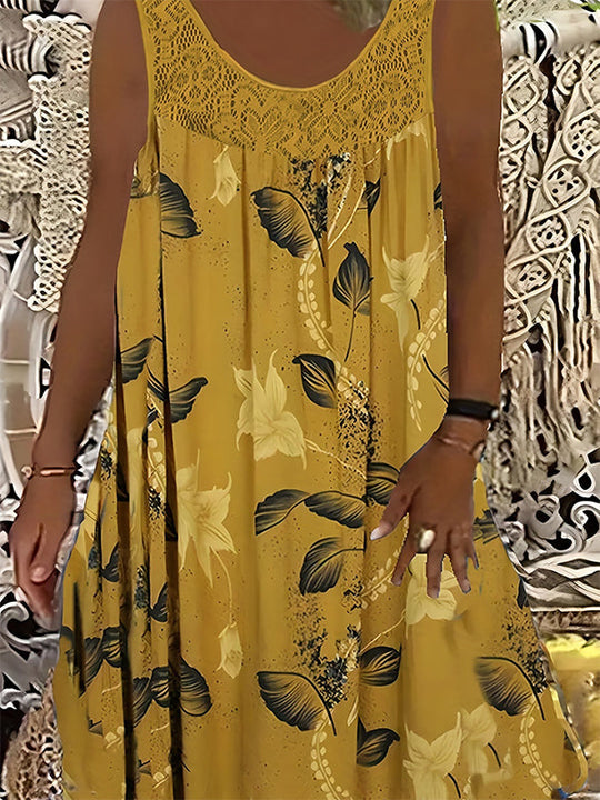 Summer Bestseller🔥👗 Round Neck Printed Sleeveless Dress with Lace Trim – Breathable & Lightweight for Everyday Elegance