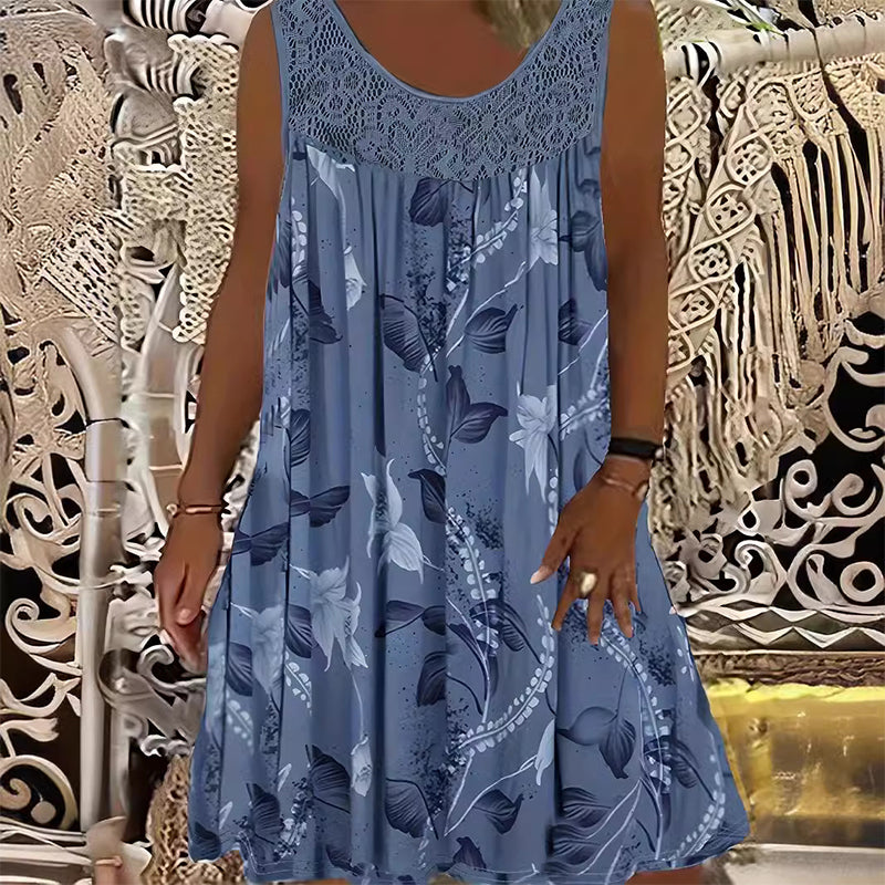 Summer Bestseller🔥👗 Round Neck Printed Sleeveless Dress with Lace Trim – Breathable & Lightweight for Everyday Elegance