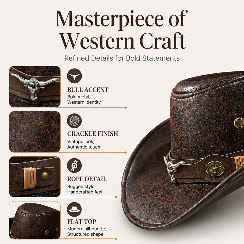 🤠50% OFF NOW ! 🌟Vintage Wide Brim Cowboy Hat with Strap – Distressed Western Fedora with Metal Decor, All-Season Sun Hat for Men & Women