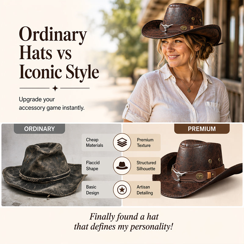 🤠50% OFF NOW ! 🌟Vintage Wide Brim Cowboy Hat with Strap – Distressed Western Fedora with Metal Decor, All-Season Sun Hat for Men & Women