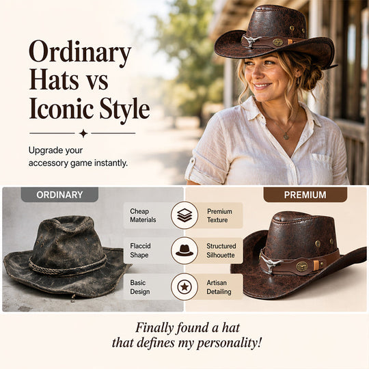 🤠50% OFF NOW ! 🌟Vintage Wide Brim Cowboy Hat with Strap – Distressed Western Fedora with Metal Decor, All-Season Sun Hat for Men & Women