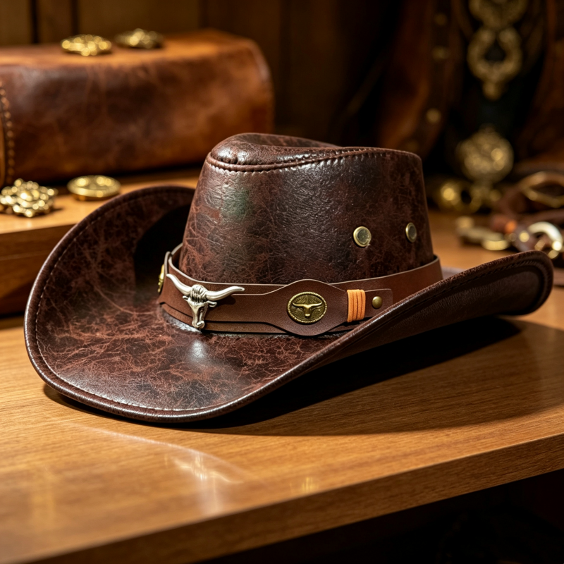 🤠50% OFF NOW ! 🌟Vintage Wide Brim Cowboy Hat with Strap – Distressed Western Fedora with Metal Decor, All-Season Sun Hat for Men & Women