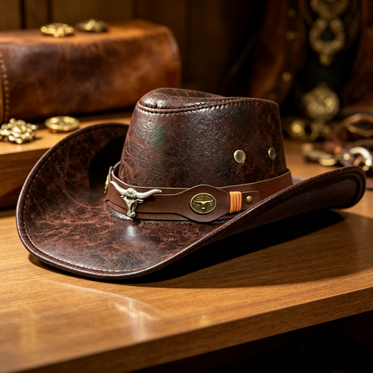 🤠50% OFF NOW ! 🌟Vintage Wide Brim Cowboy Hat with Strap – Distressed Western Fedora with Metal Decor, All-Season Sun Hat for Men & Women
