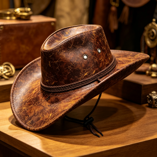 🤠50% OFF NOW ! 🌟Vintage Wide Brim Cowboy Hat with Strap – Distressed Western Fedora with Metal Decor, All-Season Sun Hat for Men & Women