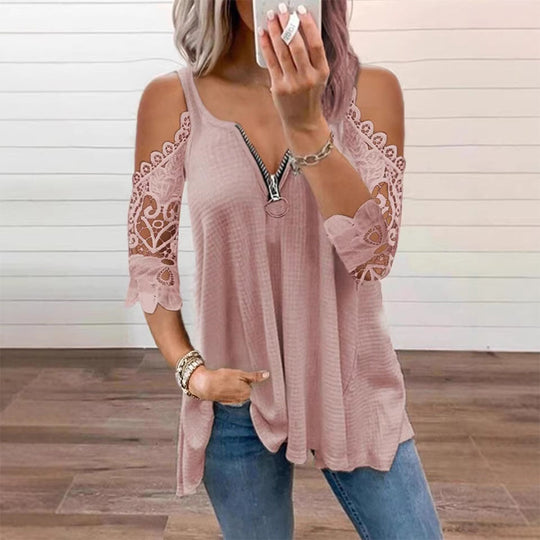 ⌛Limited-Time Offer-Women's Lace Cold Shoulder Top with Zipper