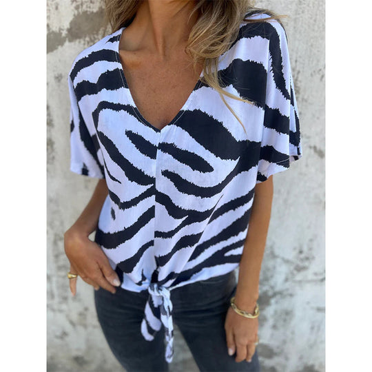 Women's V-Neck Tie-Front Zebra Print T-Shirt