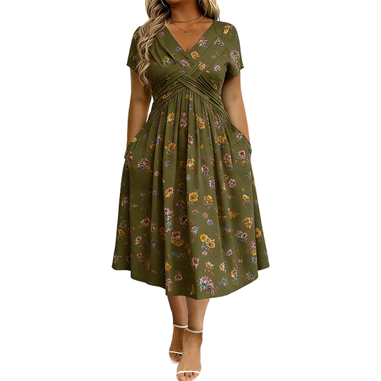 Women's V-Neck Floral Print Dress with Twist Waist