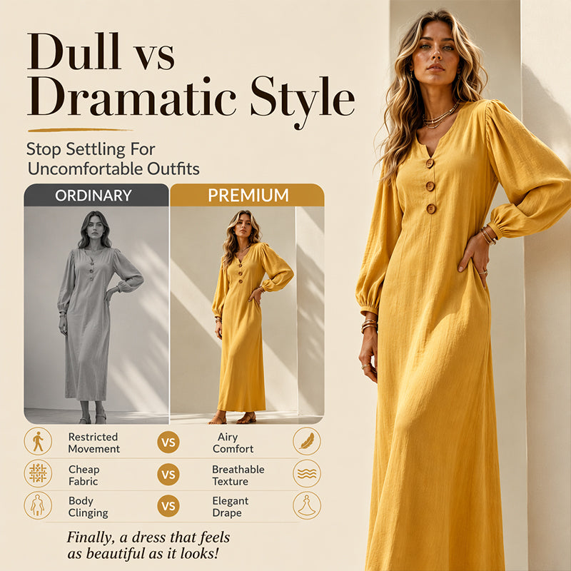 Women's Casual V-Neck Maxi Dress with Puff Sleeve
