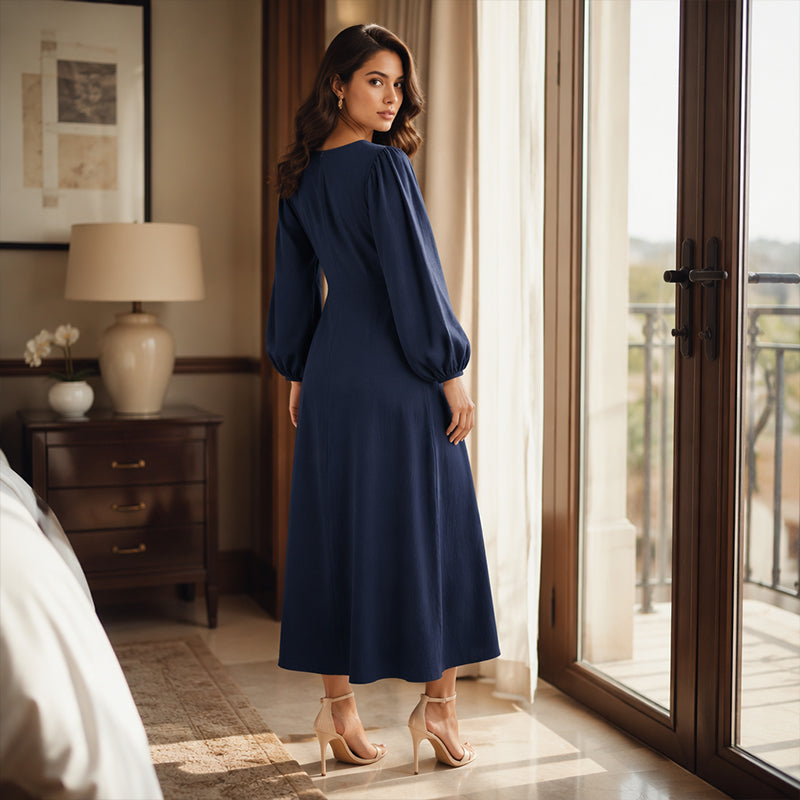Women's Casual V-Neck Maxi Dress with Puff Sleeve